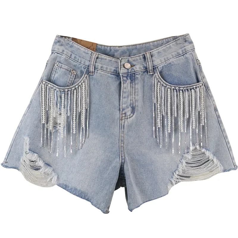 

DEAT Loose Wide Leg Pants Women Rhinestone Pearl Tassel High Waist Denim Shorts Casual New Fashion Tide 2021 Summer GD883