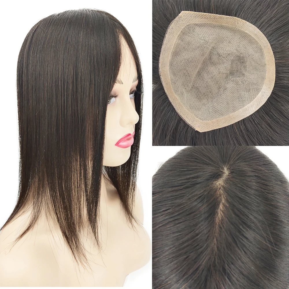 

Hand Tied Breathable Silk Top Human Hair Topper for Women with Thinning Hair 13X15CM Toupee with PU or Clips In Hairpiece 14inch
