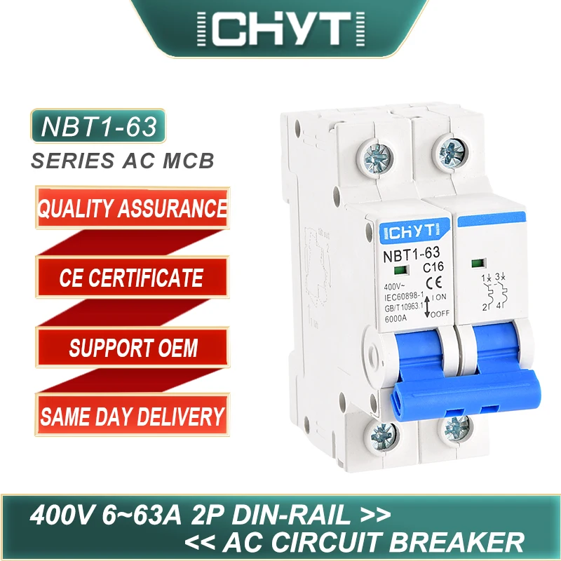 

CHYT NBT1-63 2P Household Transparent Din Rail AC 400V 63A 6kA C Type Air Switch Mini Circuit Breaker MCB