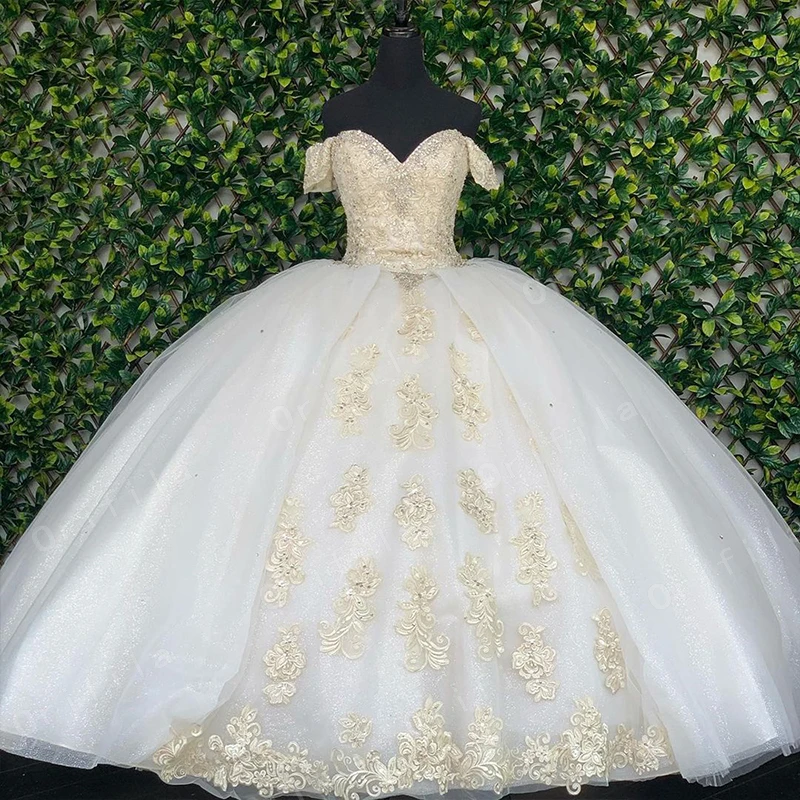 

White Champagne Lace Ball Gown Quinceanera Dresses Off Shoulder Sweet 16 Dress Party Wear Bridal Boutique Princess Dress Xv Años