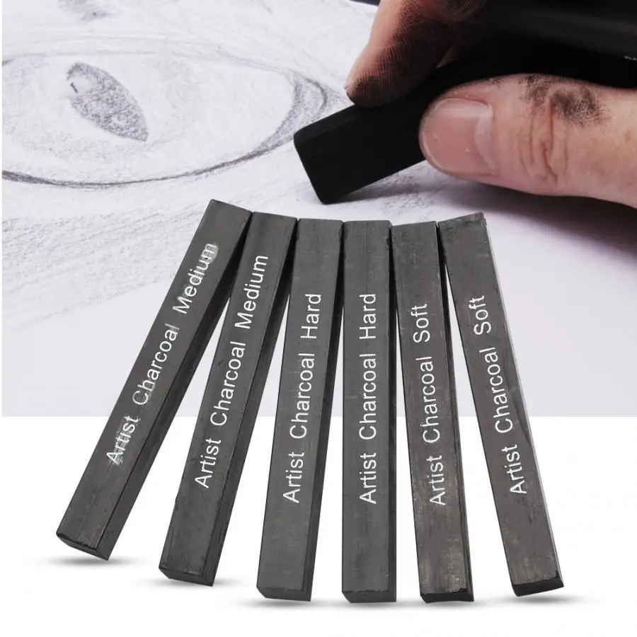 6Pcs Compressed Charcoal Sticks Black Soft/Medium/Hard Graphite Drawing Pencil Art Supplies |