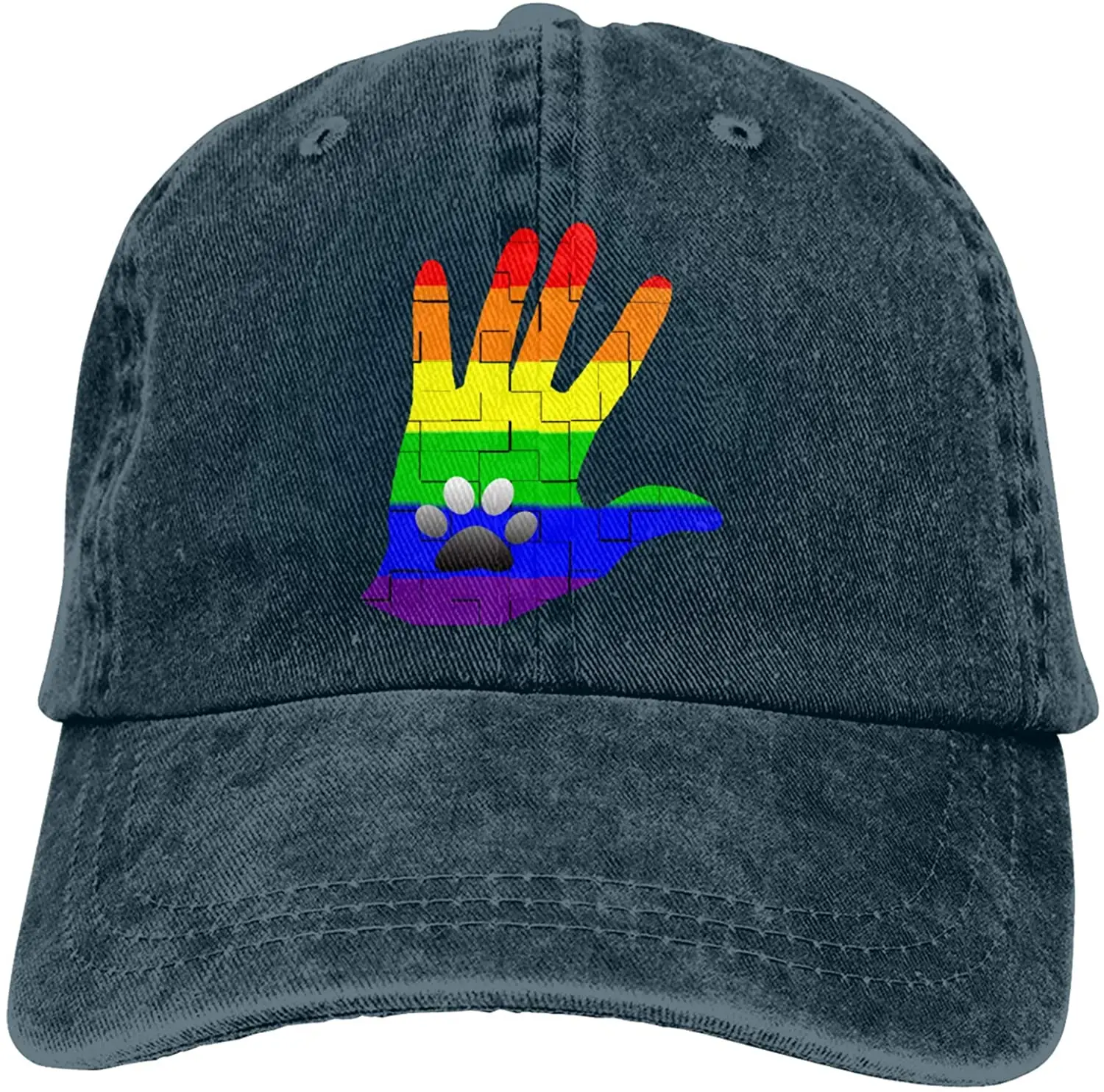 

Rainbow Handprint and Paw Sports Denim Cap Adjustable Unisex Plain Baseball Cowboy Snapback Hat