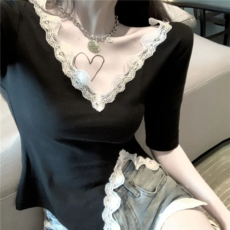 

Fashion Cotton T Shirt Women Summer 2021 Lace Print Floral Short Sleeve Plus Size Female Tshirts Casual Tees Harajuku Tops 228