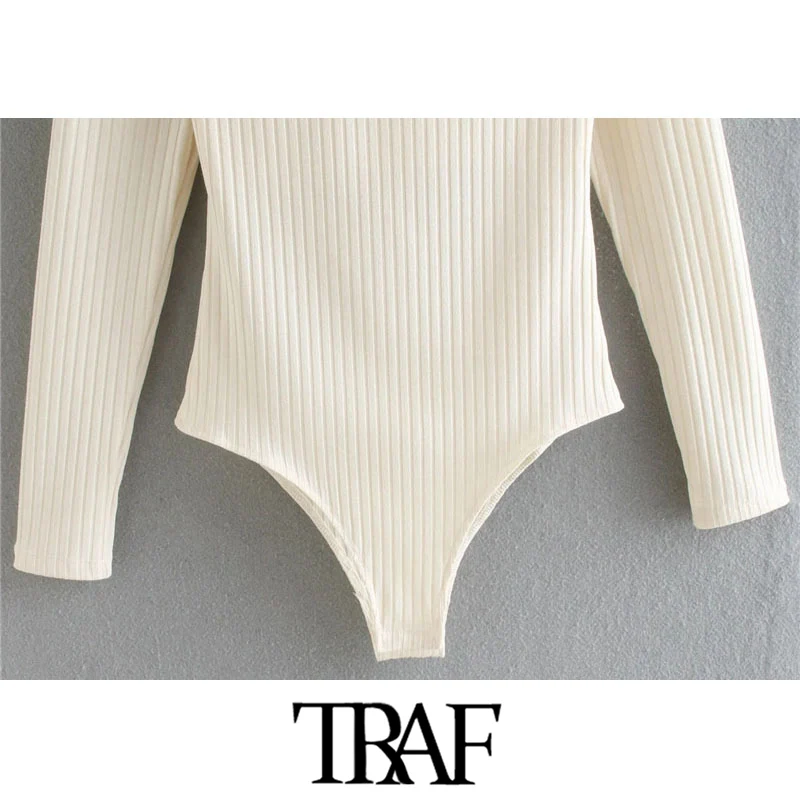 

TRAF Women Fashion With Shoulder Pads Snap-button Bodysuit Vintage V Neck Long Sleeve Female Playsuits Chic Tops