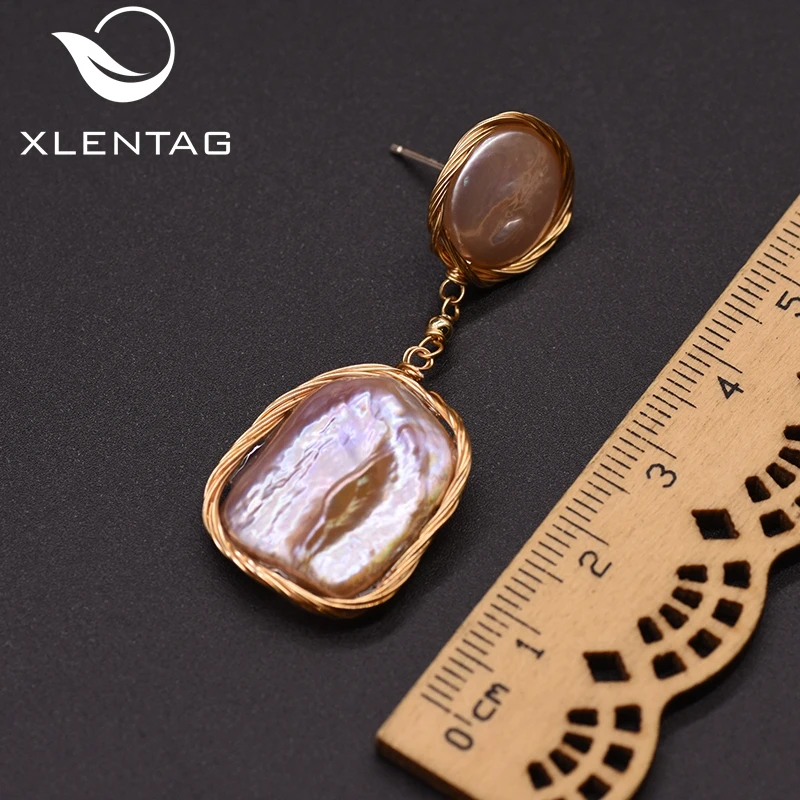 

XlentAg Natural Geometric Flat Baroque Pink Pearl Dangle Earrings Women Accessories Engagement Wedding Statement Jewrlry GE0901