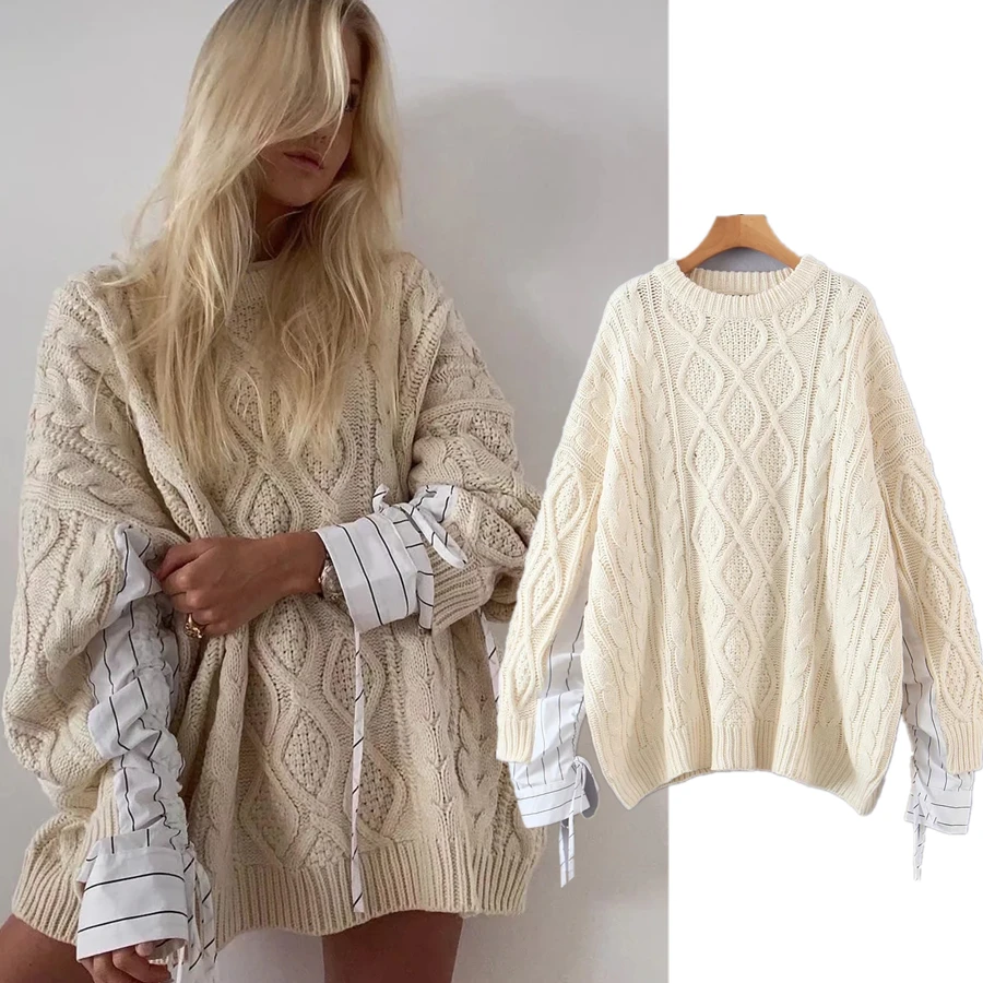 

Dave&Di Ins Fashion Sweaters Women Blogger Vintage O-neck Oversize Patchwork Fashion Long Winter Sweaters Women Pullovers Tops