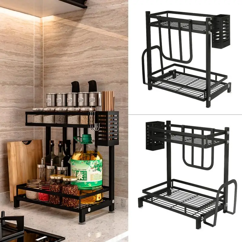 

Stainless Steel Seasoning Storage Holders Three-tier Kitchen Organizer With Hook Knife Shelf Chopstick Cage Cutting Board Rack