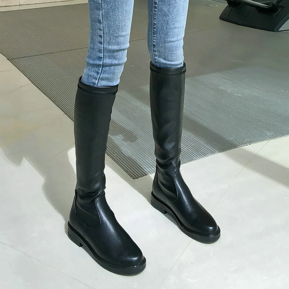 

EshtonShero Shoes Woman Knee High Boots Cow Leather+PU Low Heels Round Toe Black Autumn Classic Ladies Motorcycle Boot Size 3-12