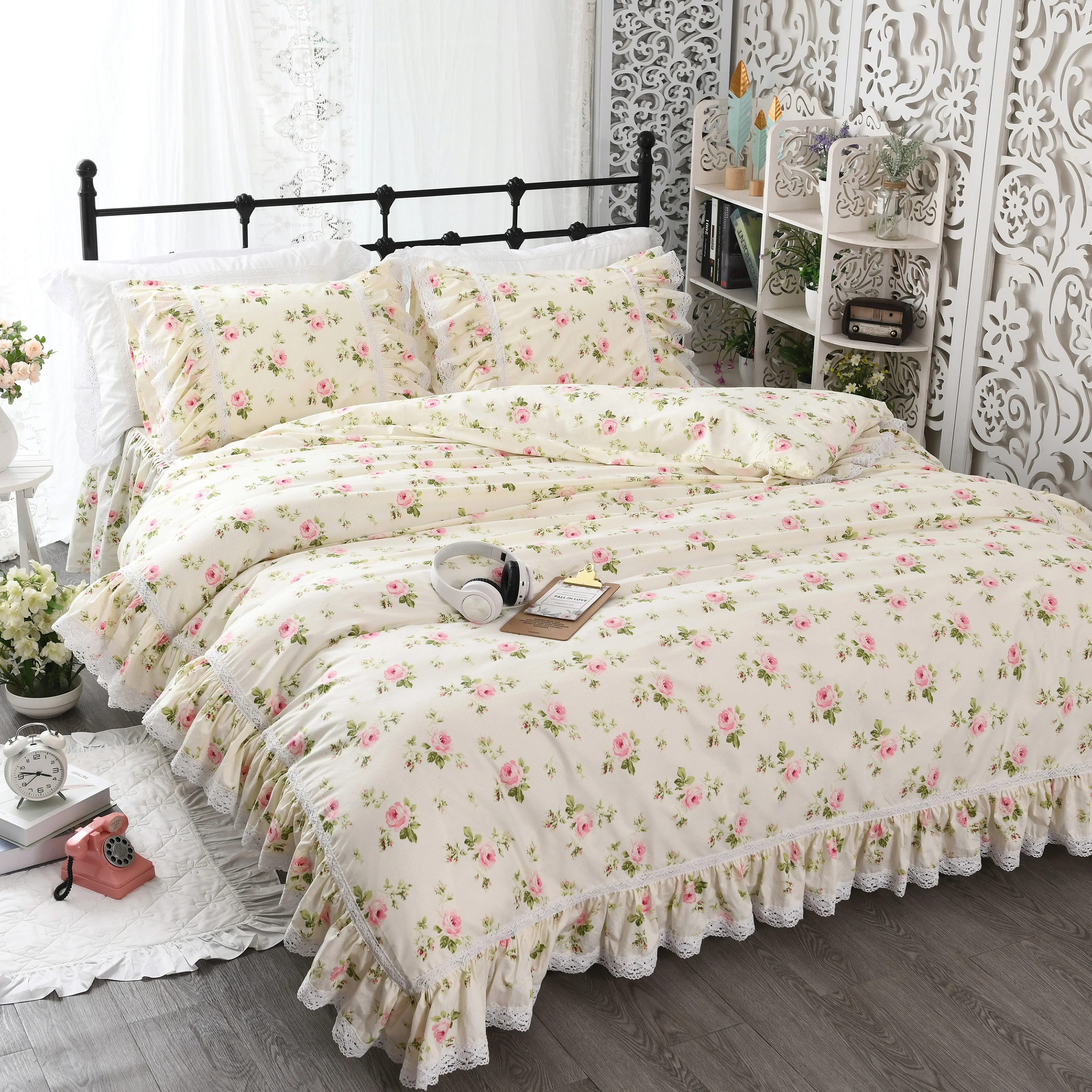 Korean Cotton princess Printed lace lotus leaf plant flower print bed spread duvet cover pillowcase bedding set HM-04F | Дом и сад