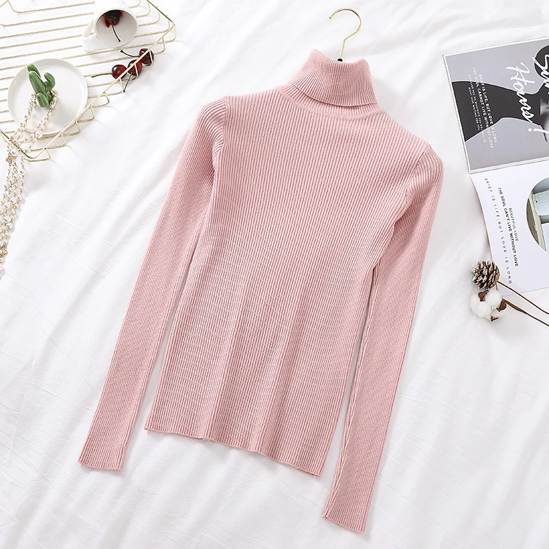 

Abrini Women Pink Sweater Female Fall Turtelneck Sweater Autumn Winter Winter Slim Knitting Pullovers 2021All-match Office Lady