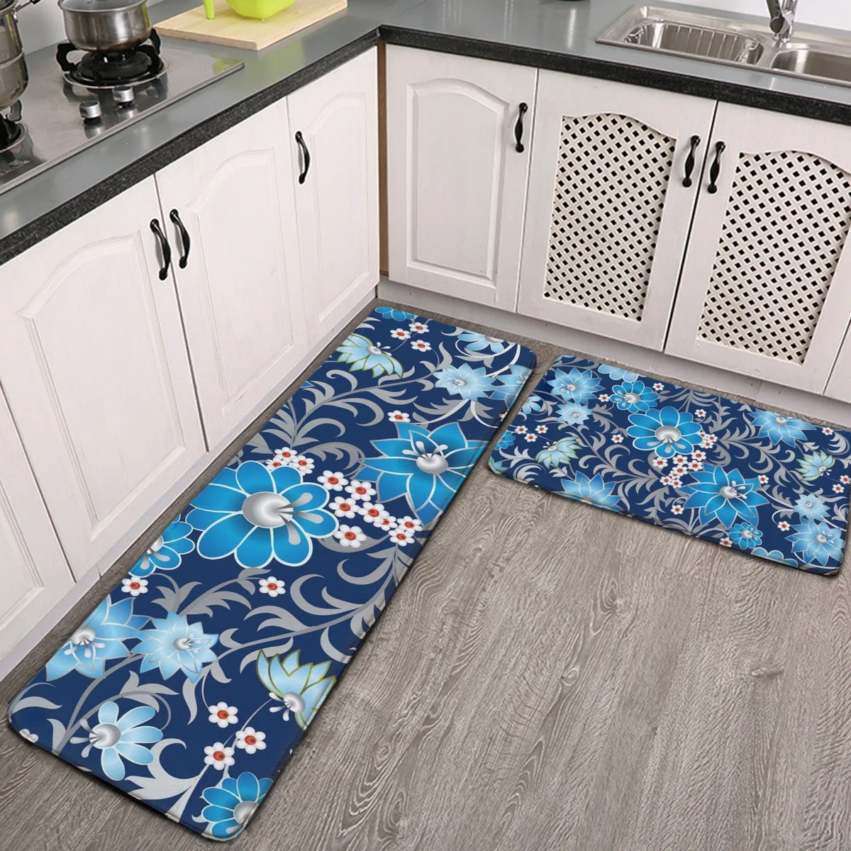 

Blue Silver Floral Pattern Floor Mats Kitchen and Living Room Carpets Twopiece Non-slip Stylish Decoration on The Bar Counter