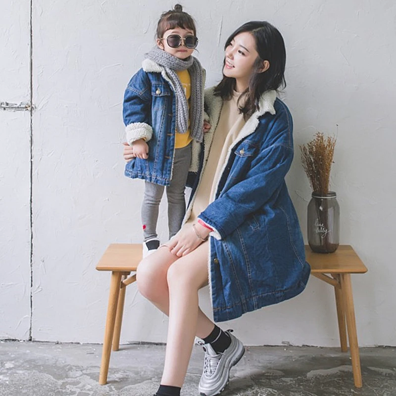 Детское пальто Длинная джинсовая куртка с овечьим мехом осенне-зимние модели для