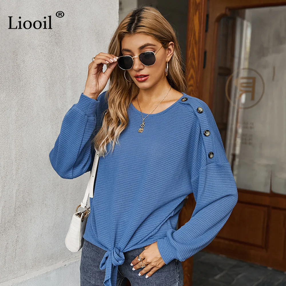 

Casual Loose Knit Shirt Women 2020 Long Sleeve With Button Lace Up O Neck Female Autumn Winter Solid Color Tops And Blouses