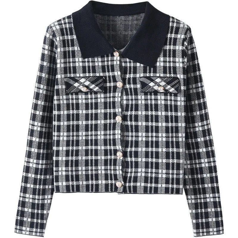 

Office Ladies Short Knitwear Top Plaid Single Breasted Cardigan Women Long Sleeve Sweater Fashion Vintage Slim Fit Knitted Coats