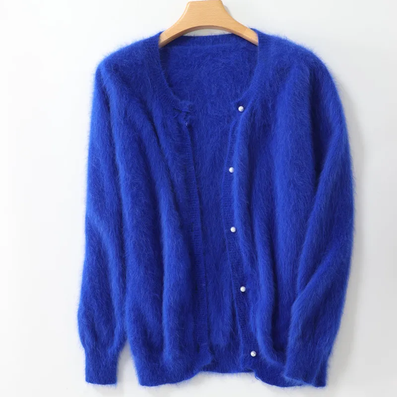Cárdigan grueso de doble capa de visón para mujer, suéter largo, suelto, medio, largo, perla, botón, manga farol, abrigo de visón