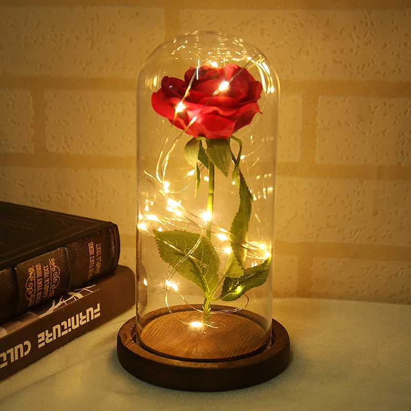 

Desktop Ornament Red Rose Led Light in Glass Cover on A Wooden Base Romantic Gifts Home Decor for Wedding Valentine'Day