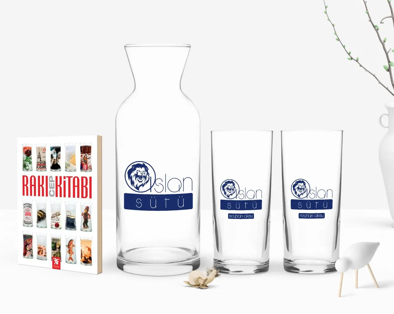 

Персонализированные с красочным рисунком льва молока, дизайн с двумя Arrack чашки графин и карманная книжка подарок Seti-2