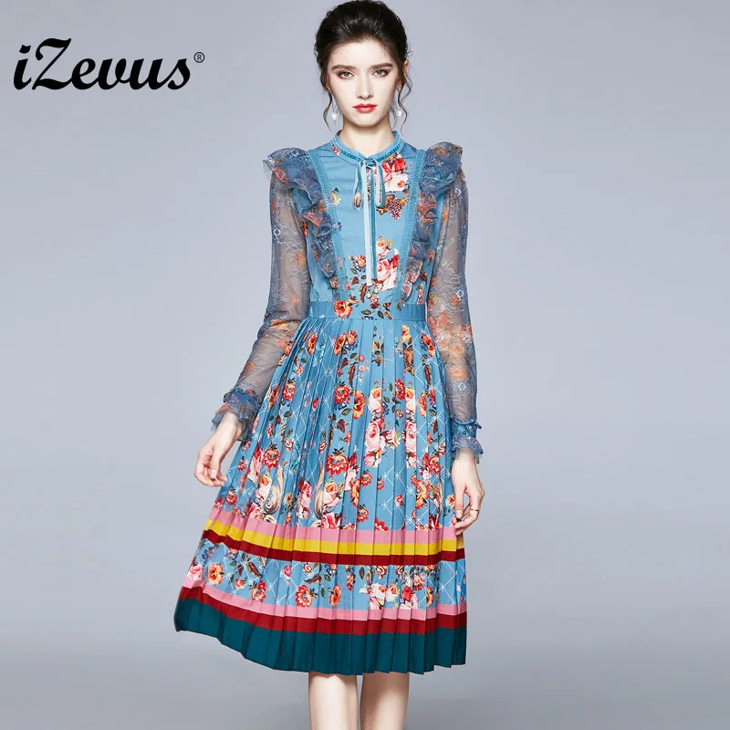 

Женское модельное дизайнерское плиссированное платье IZEVUS с бантом на шее, кружевное лоскутное платье с оборками и цветочным принтом, элега...