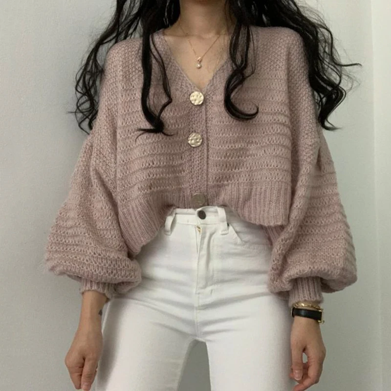 

Women Sweater Korean All-match Slim V-neck Large Button Loose Solid Lantern Sleeve Short Knitted Cardigans Sweater Purple Ladies