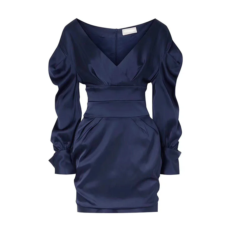 

Blue Patchwork Women Slim Bodycon Dress V Neck Puff Long Sleeve High Waist Sexy Mini Dresses Female 2020 Fashion New Clothes