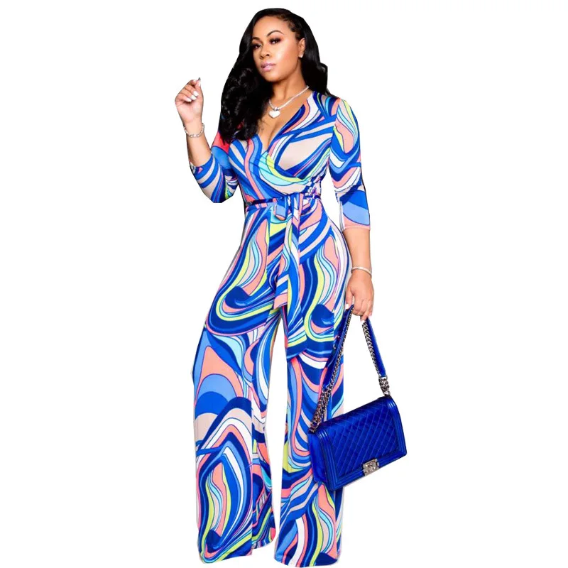 

FNOCE Cross-border Trade Irregular Wide Leg Pants Rainbow Stripes V-neck Bandage Women Casual Street Fashion Piece Pants