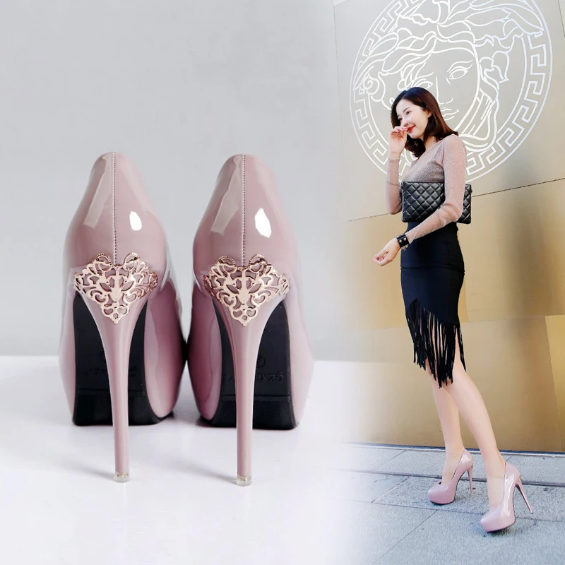 

Temperament Super High Heels Spring And Autumn New Fashion Shallow Mouth Simple Pure Color Patent Leather Ladies Single Shoes