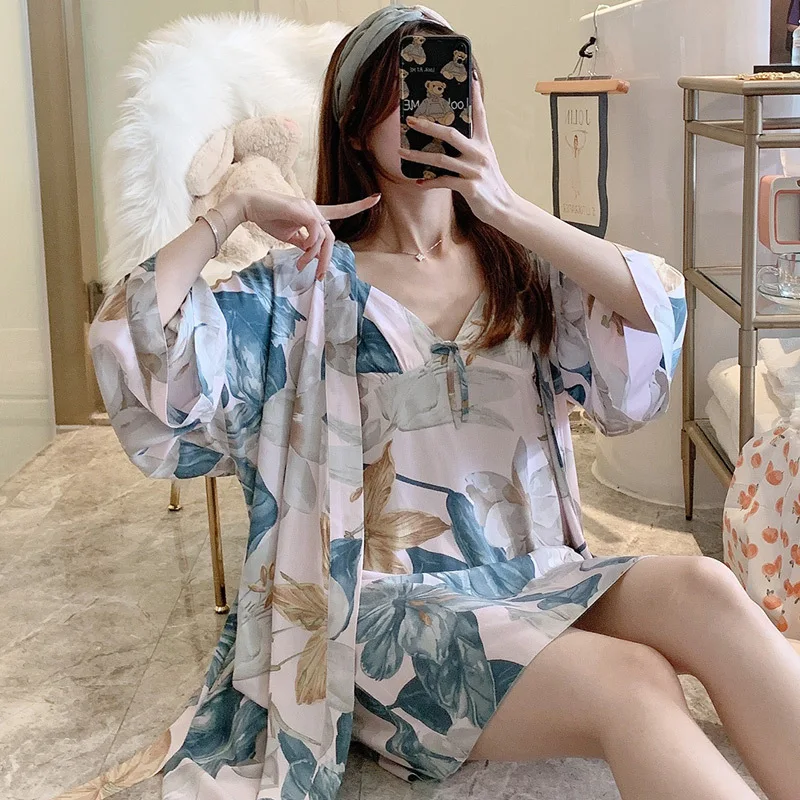 

Printed Flower Twinset Robe Set Women Sleepwear Casual Loose Kimono Bathrobe Gown Sexy Silky Soft Nightgown Knee-length Homewear