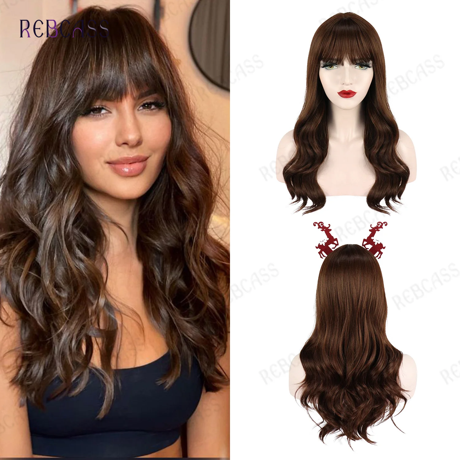 

Rebcass Brown Synthetic Wigs for Women Natural Wave Wigs with Bangs Heat Resistant Cosplay Lolita Hair Durable High Tempereature
