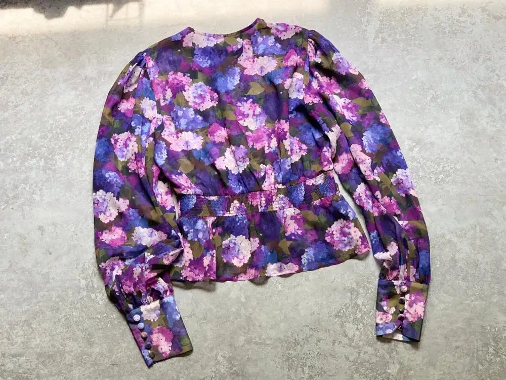 

Buttons Early Autumn Ladies Shirt V-neck Blouse Women Long Sleeve Floral Printd