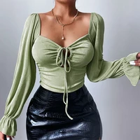 europe and the united states 2021 autumn new flared sleeve tops sweet sexy drawstring hollow tops hollow straps pullover women