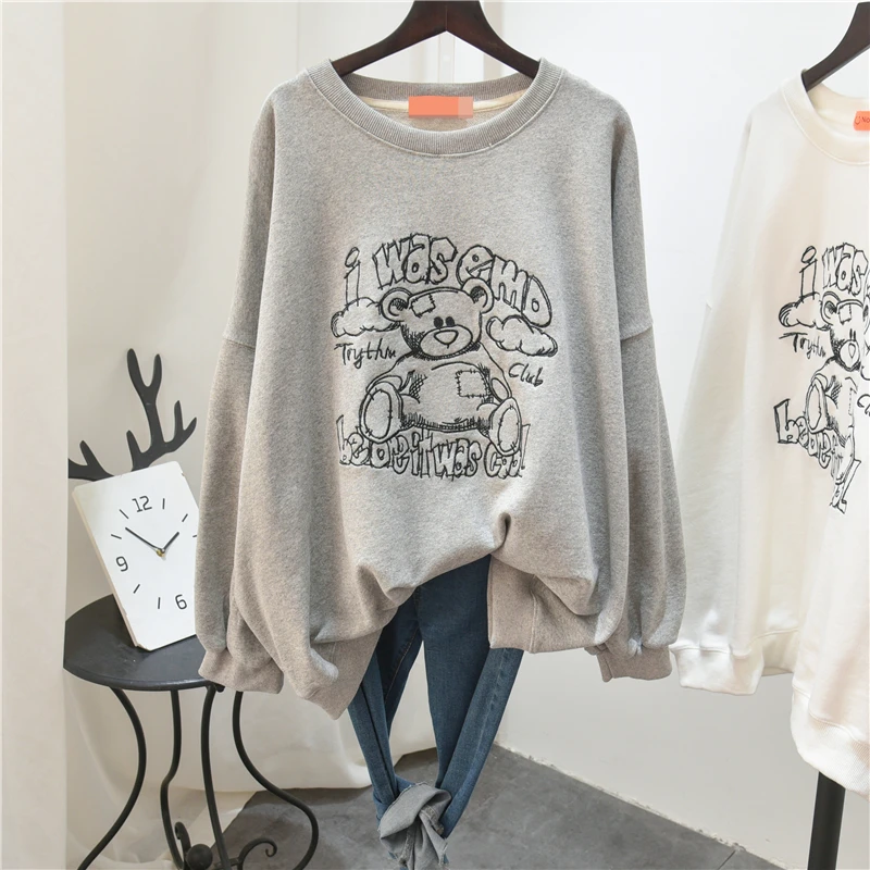 

2021 Spring Fall Heavy Embroidery Bear Sweatshirt European Round Neck Loose Plus Size Lady Top Mid-Length Slimming Simple Hoodie