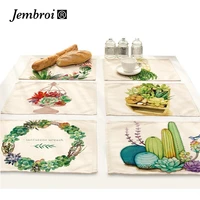 cactus succulent plants flower faux linen print placemat dining table mat green leaf fabric coasters kitchen home tablecloth