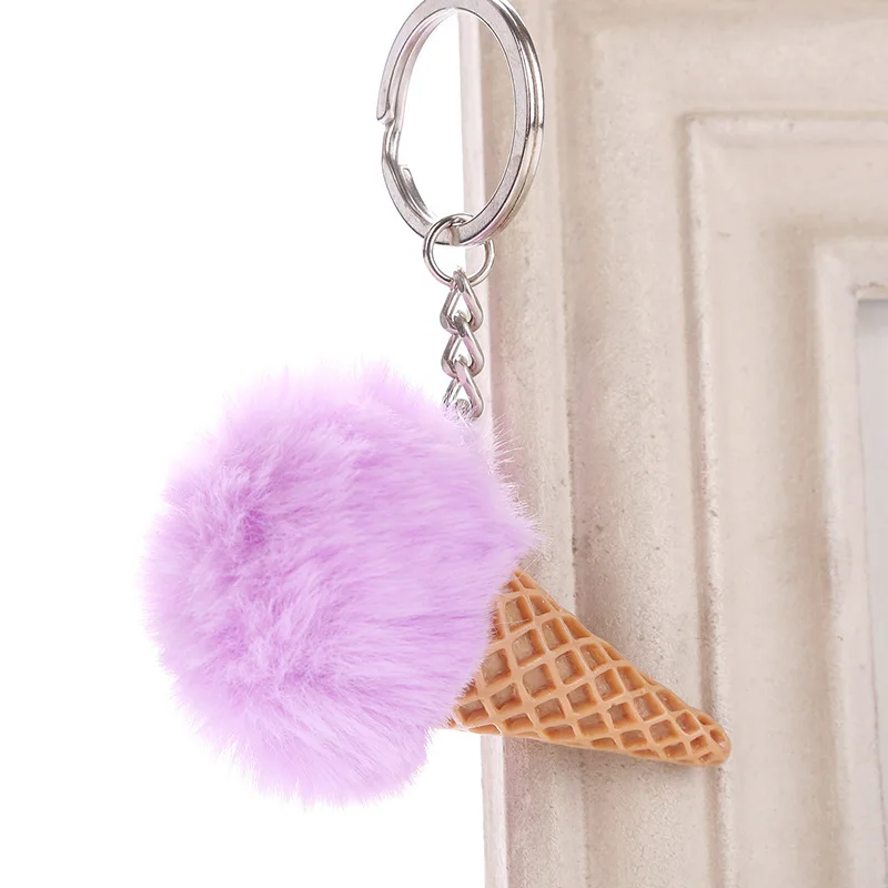 

Cute Hair Ball Ice Cream Cone Keychain Pendant Key Ring Holder Pompoms Key Chains Key Ring Gifts For Women Bag Accessories
