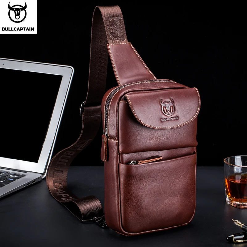 BULLCAPTAIN-Men's Chest Bag Head Layer Cowhide Casual Sports Personality Leather Multi-Function Shoulder Messenger Bag