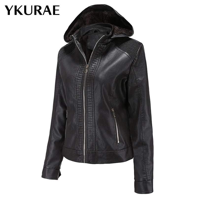 

Women's Hooded Leather Jacket Female Fleece Autumn Winter Coat PU Leather Jackets Warm Street Biker Coats Hat Detachable FL036