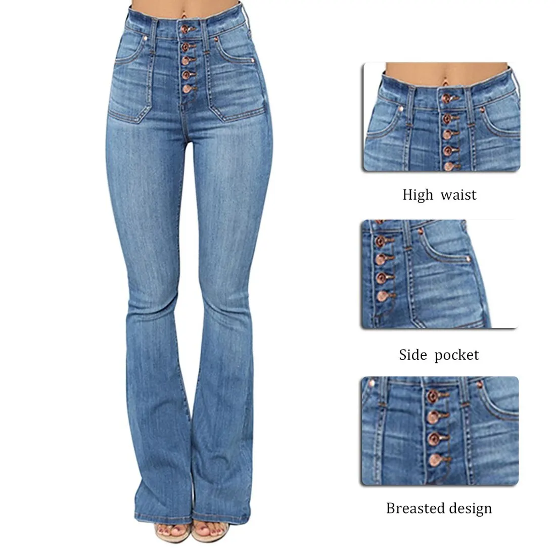 

Women Denim Pants Button Up Mid Waist Flare Jeans Ladies Retro Pants Female Trousers Plus Size Bell-Bottom Pants