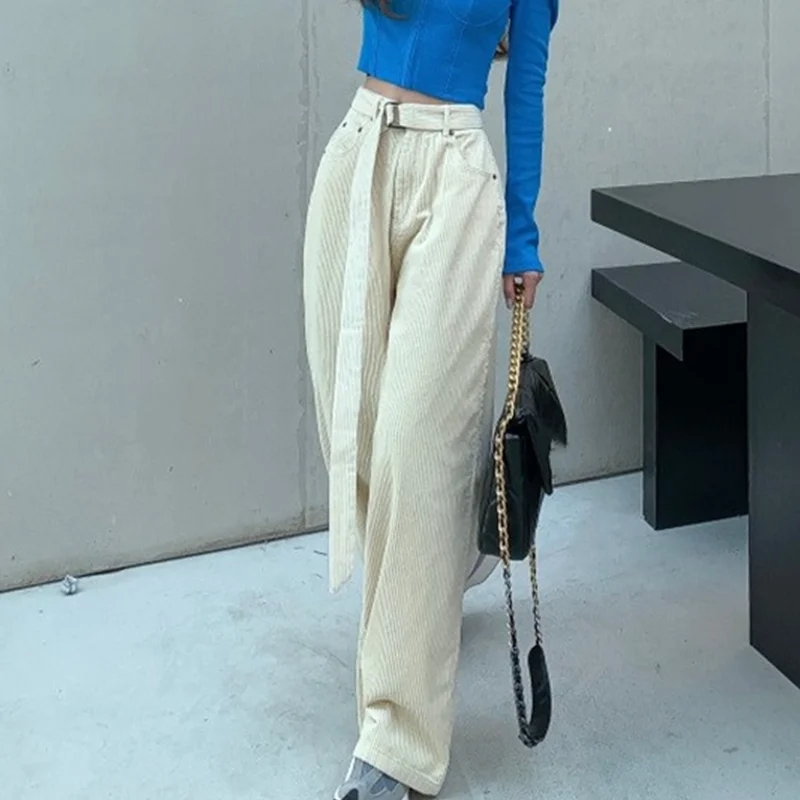 

KUSAHIKI Corduroy Belt High Waist Women Pants Causal Solid Korean Long Trousers 2021 Spring New Wide Lag Pants Feminimos 6G053