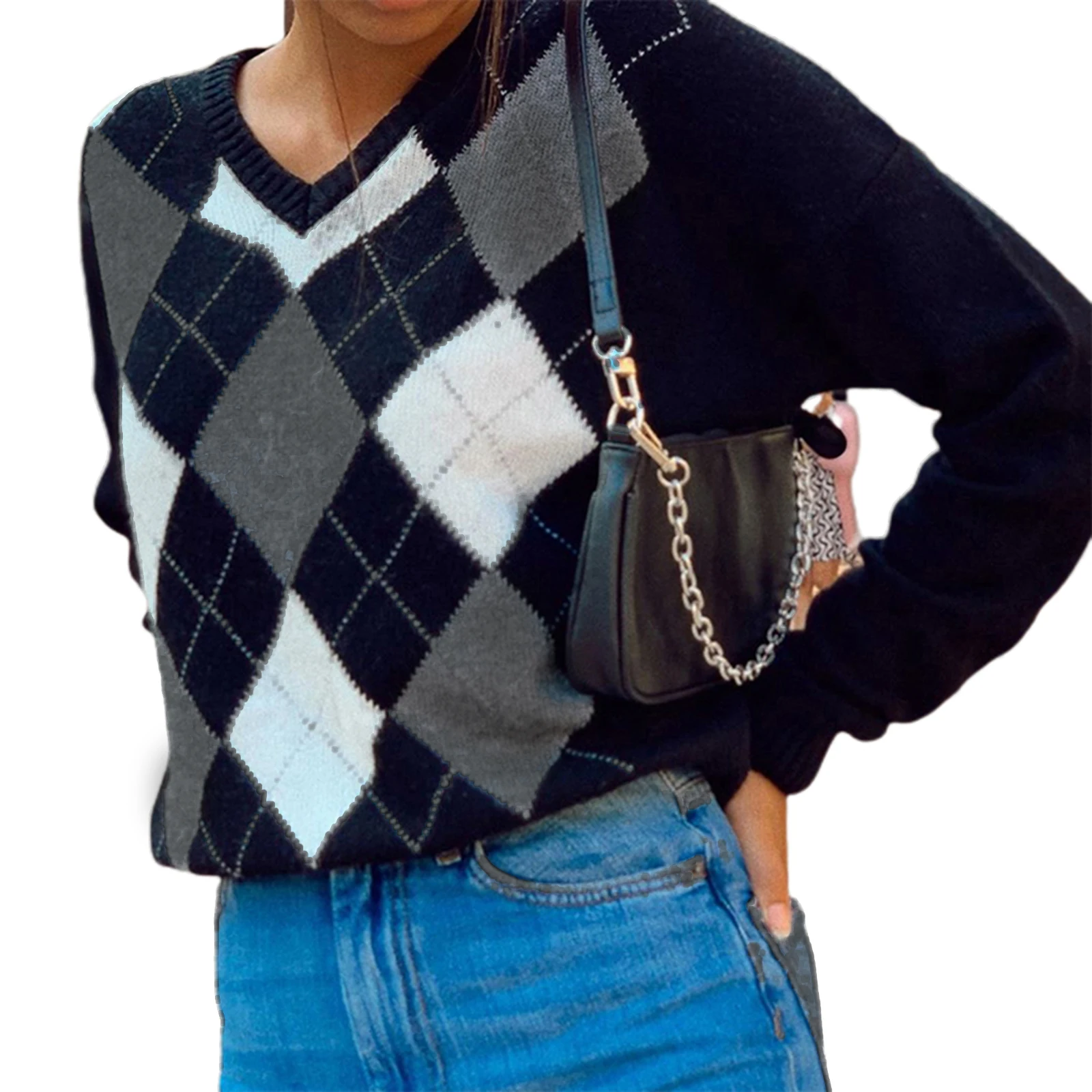 

Женский вязаный свитер в стиле ретро Y2K, Осенний классический свободный трикотажный джемпер с длинным рукавом, V-образным вырезом и рисунком...