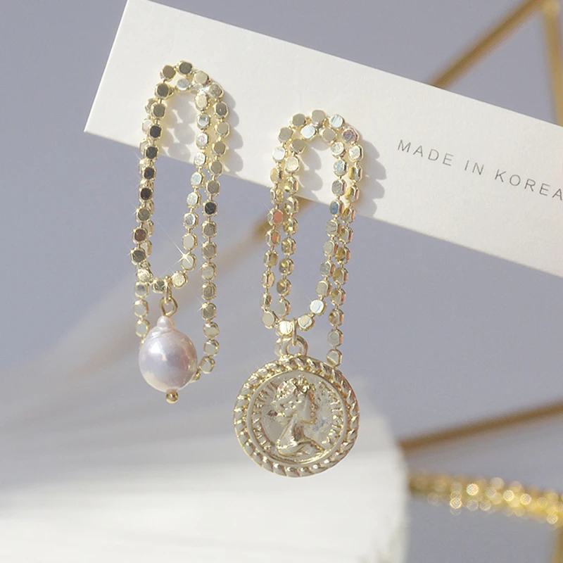 

Trendy Elegant 14K Real Gold Plated Portrait Coin Pearl Earrings for Women Top Shiny Zircon S925 Silver Needle Stud Jewelry Gift