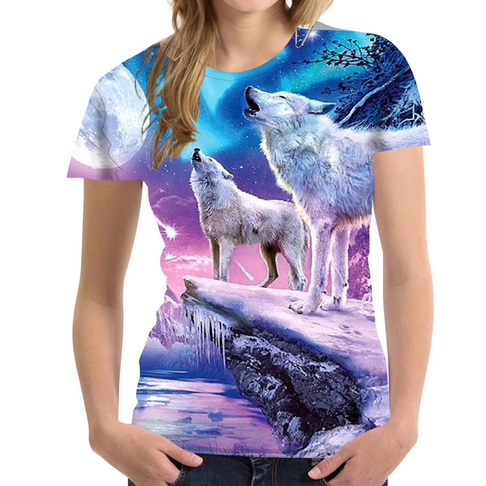 

2021 New Hot Sale Ventilation Short-sleeved Summer 3DT Shirt Wolf Head Print Short-sleeved Girl T-shirt Animal Top Streetwear