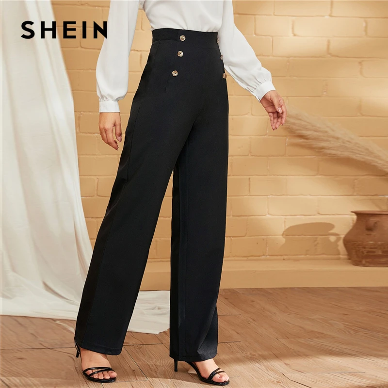 SHEIN Green двубортные прямые однотонные длинные брюки женские осенние с высокой талией прямые элегантные офисные платья Брюки