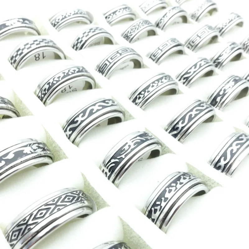 MIXMAX 30pcs Fashion Stainless Steel Rings For Men Rotatable Black Etched Paterns Womens Spinner Wholesale Jewelry Size 17-21mm