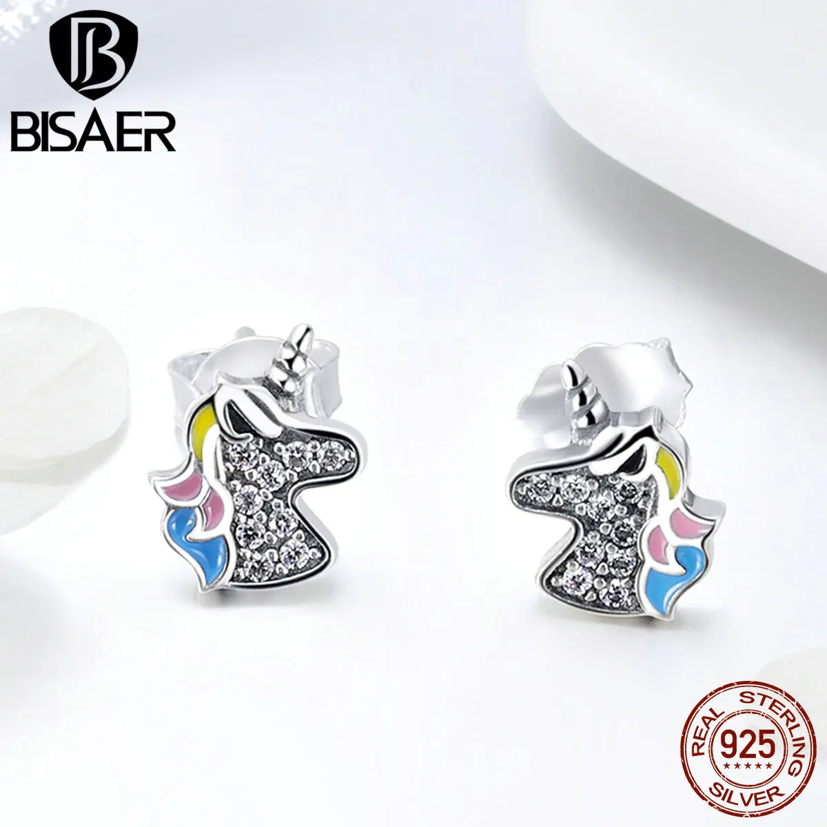 BISAER,, серьги, 925 пробы, серебро, Lucky Animal Horse, единорог, серьги-гвоздики для девочек, Bijoux, серебряные ювелирные изделия, Brincos GXE426