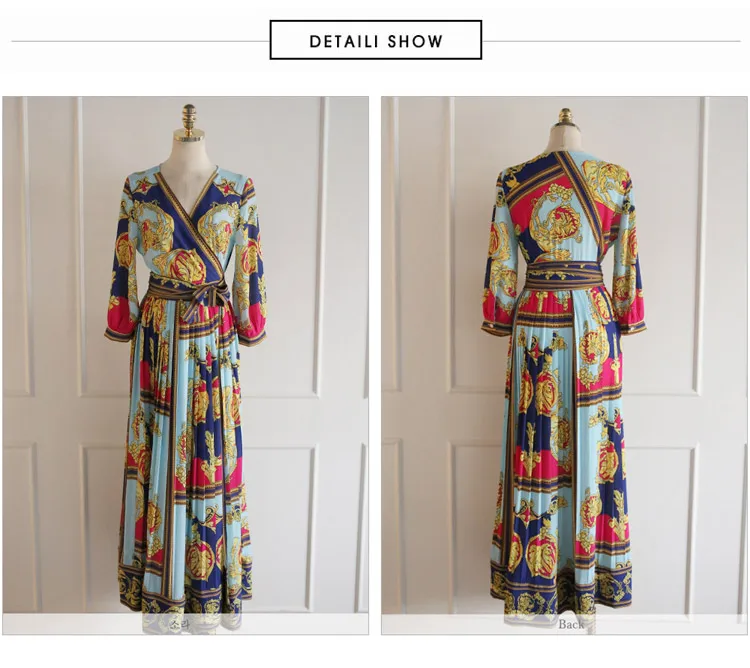

Summer Holiday Vintage Print Pleated Dresses Waist Swing Ankle-length Vestidos Elegant Cross V Neck Sashes Long Dress Women