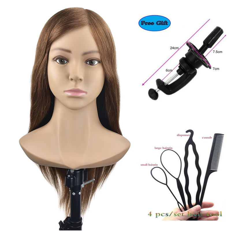 

18"High Grade 100% Real Hair Hairdressing Head Dummy Nice Dolls Brown Hair Training Head With Shoulder Mannequin Head With Hair