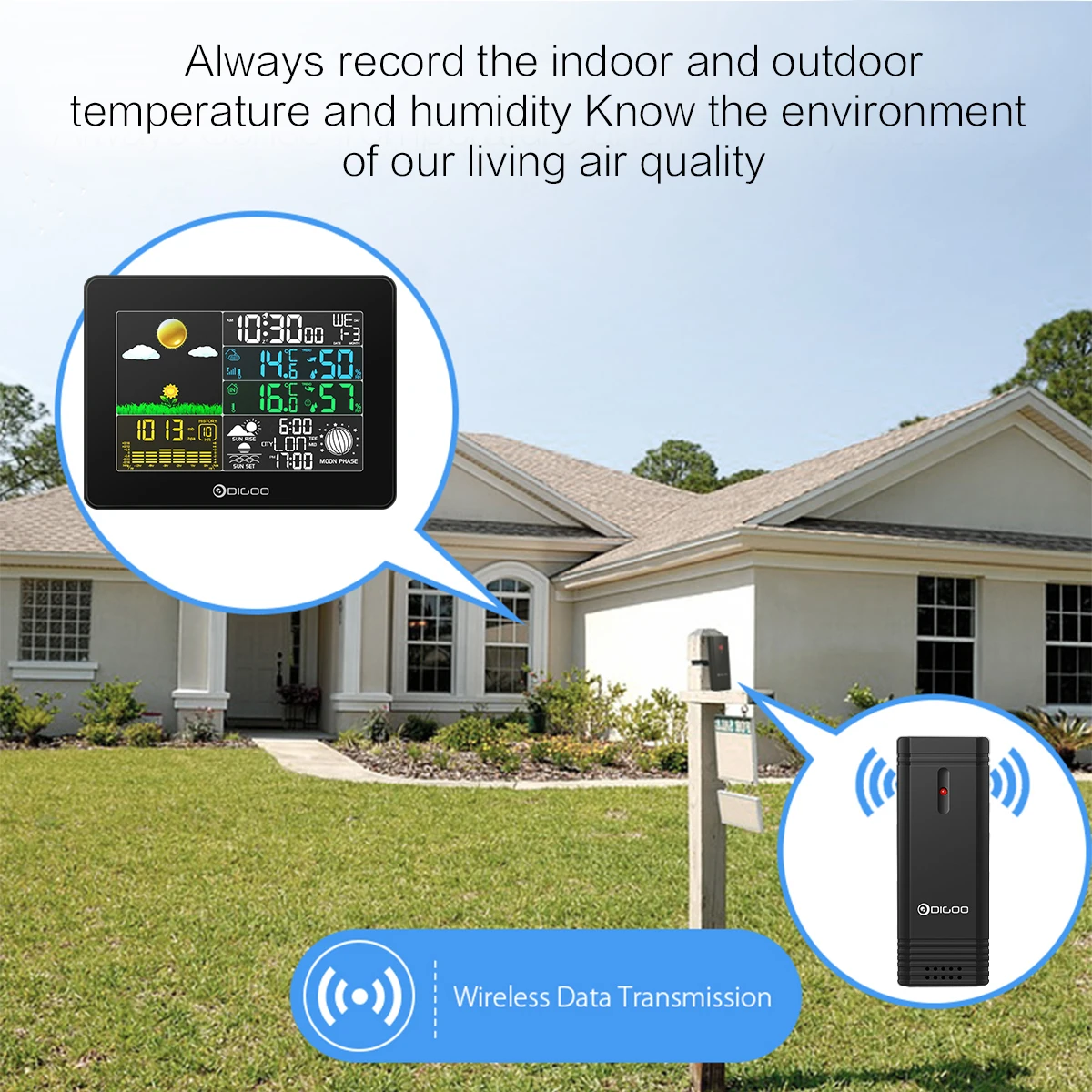 DIGOO DG-TH8868 Weather Station Indoor Outdoor LCD Thermometer Humidity Snooze Alarm Clock Sunrise Sunset Calendar Forecast | Инструменты