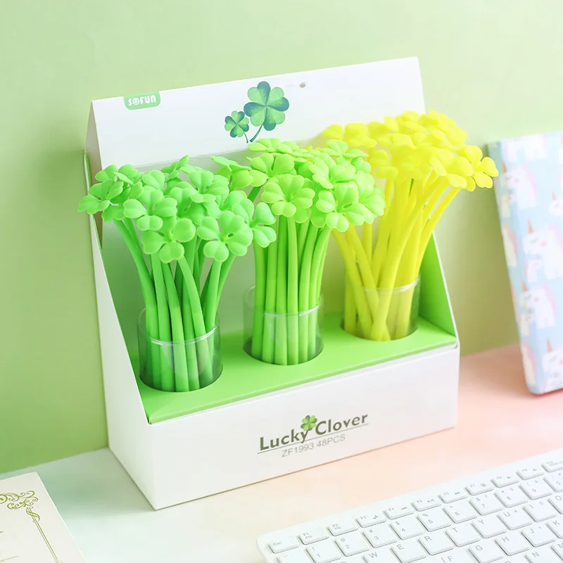 

48 шт./лот креативная гелевая ручка в виде четырехлистного клевера, милая Сгибаемая 0,5 мм ручка для подписи, рекламный подарок, канцелярские п...