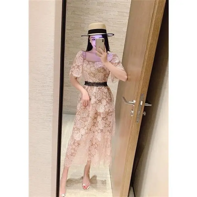 

Elegant Square collar Pink Rose Lace Hollow Short Sleeve Dress for Women 2021 Summer Temperament HIgh Waist Long Dress Female