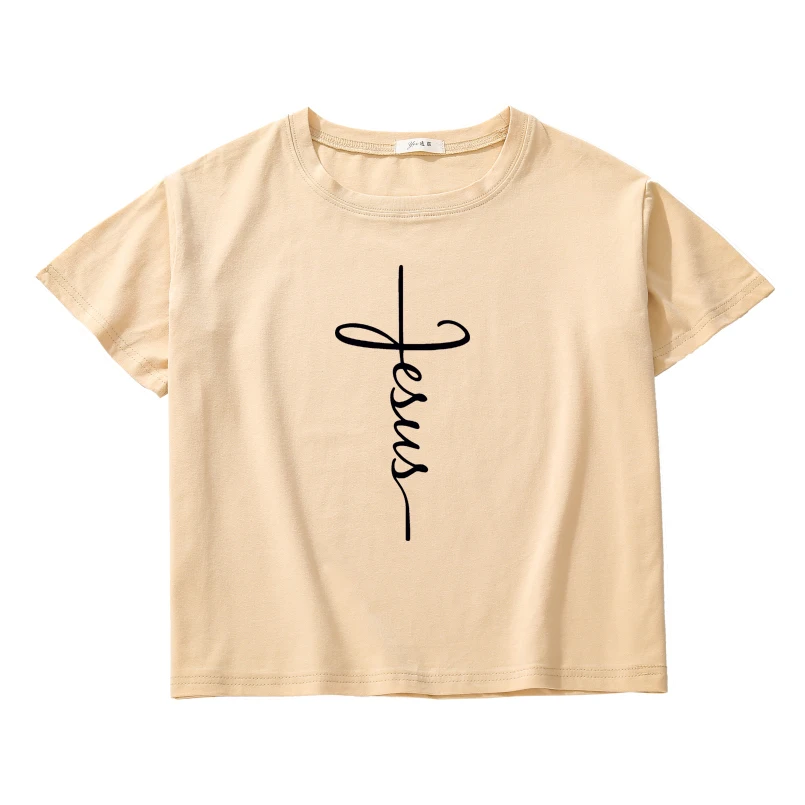 

Cross Printed short tops women new Religion Hipster Girl crop tops Retro korean style Tshirt 100% Cotton crop tops dropshipping
