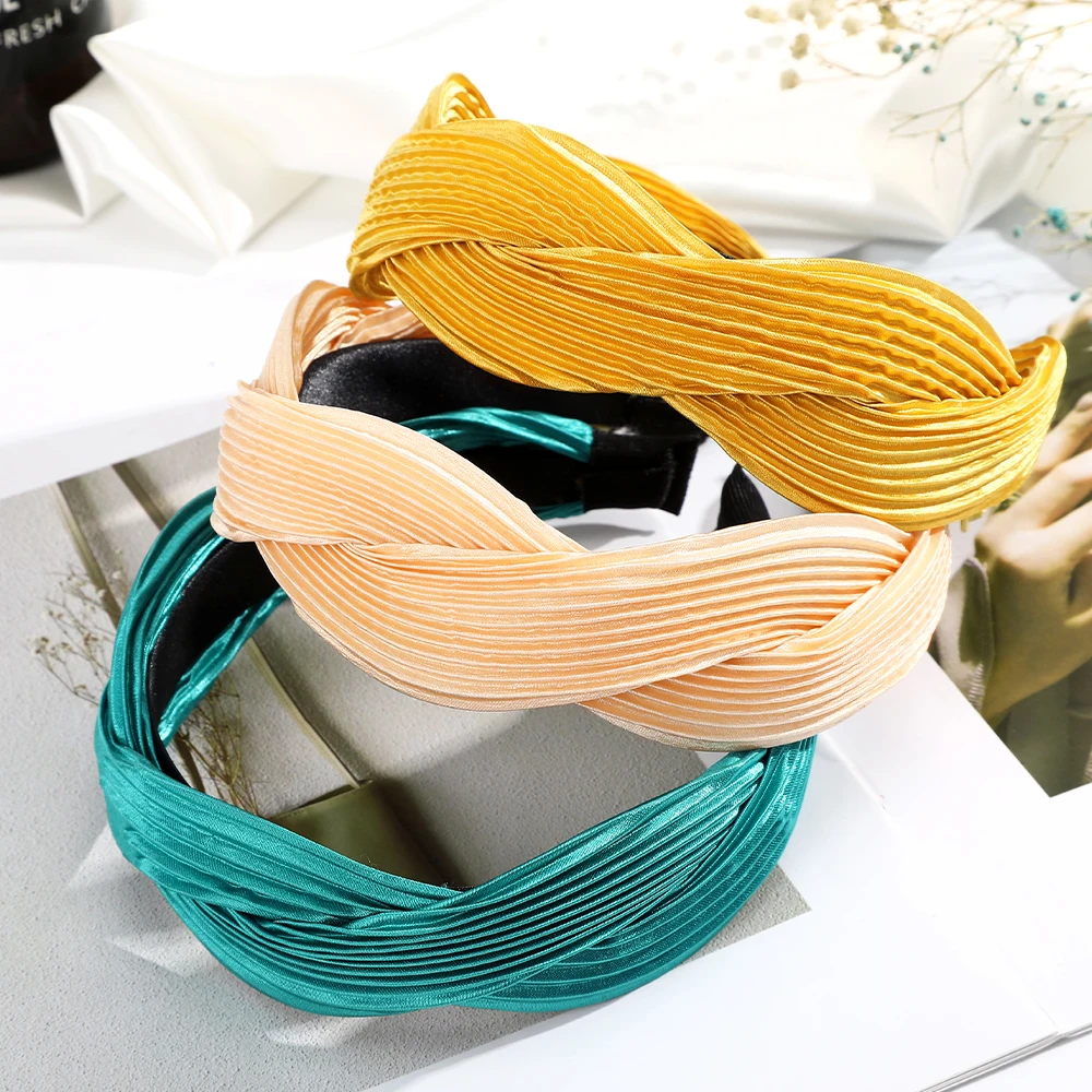 

New Fashion Cross Fold Twisted Headband Pure Color Fabric Simple Wide-Sided Non-Slip All-Match Hair Accessories for Ladies